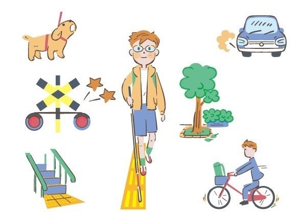 道路の安全を確認しながら歩く白杖を持った視覚弱者の男の子と誘導する女性のイラスト 無料 Gogon Note