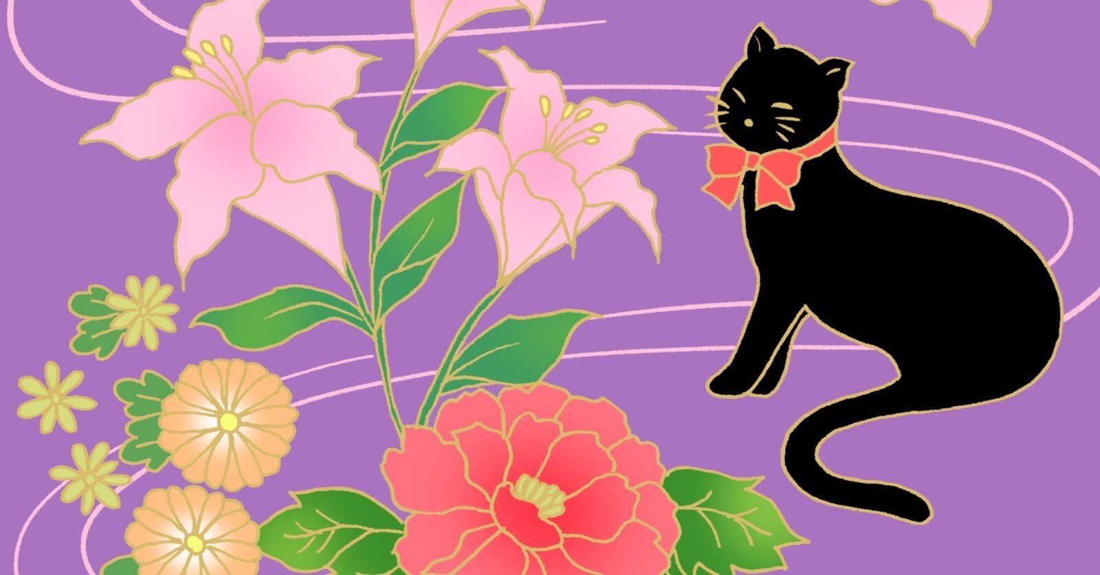 猫と花柄の絵画 猫と花 《切り絵》