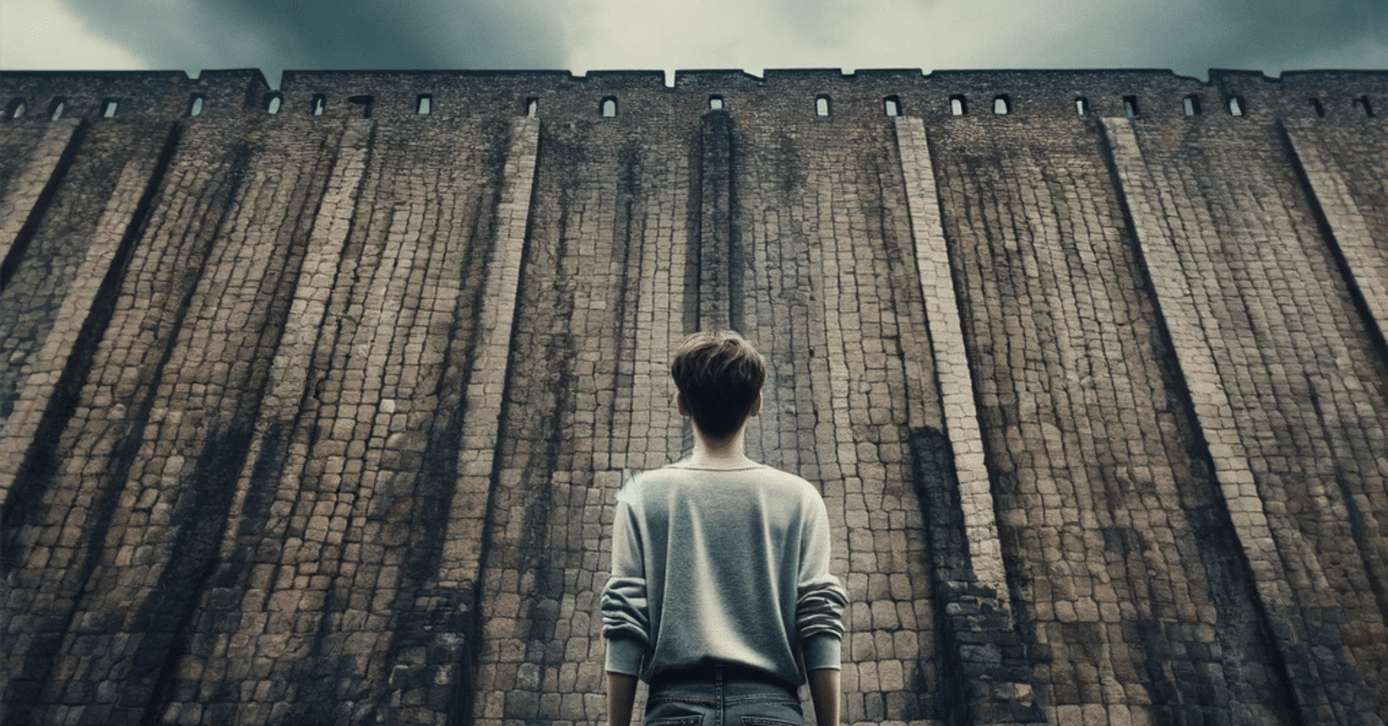 AIイラスト/AIアート】高い壁を前に立ちつくす人を描こうとしました!!|gorojy