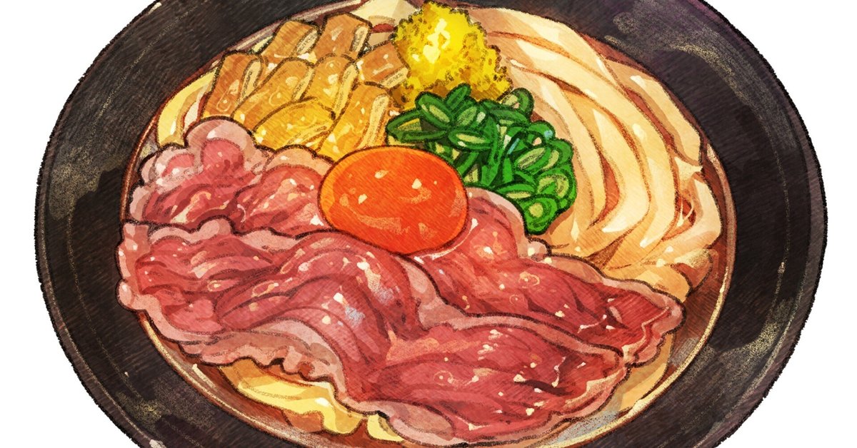 【ミニ原画】うどんを食べるせまし 1713:お肉が豪華な肉うどん』｜もみじ真魚/MaoMomiji