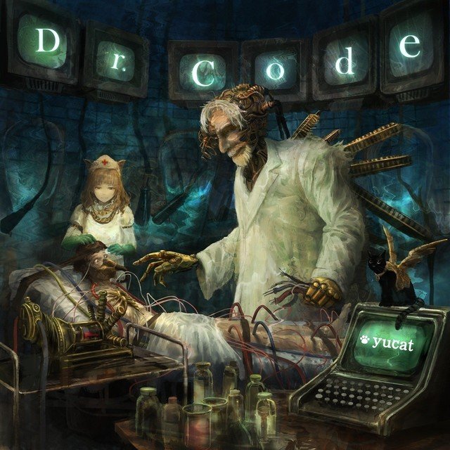 yucat 4th single『Dr.Code』ジャケイラストです。
イラスト:よー清水
【Dr. Code】
PARALLEL WORLDにいる名医。人々は彼を最後の希望と呼ぶ。過去の医療データを蓄積された人工知能を持ったコンピュータ。 Dr.Cordが行っている事は治療なのか?それとも改造・破壊か。
命を大事にしないモノには制裁を。人型BOXの創造者。