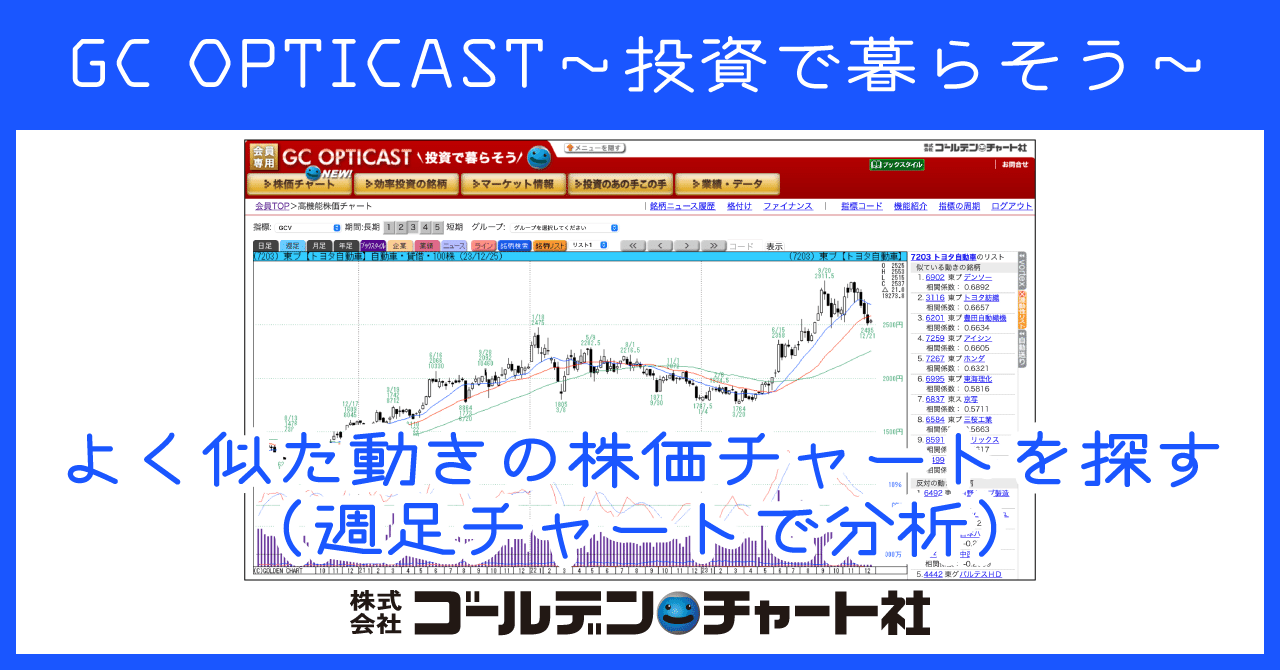 🎍GC OPTICAST〜投資で暮らそう〜🎍 お正月は連動性リストで銘柄分析をしよう。 「この株価チャートの動きに似た銘柄を探したい」という時に使える機能です。  週足で分析しているので、チャート表示も｜ゴールデン・チャート社