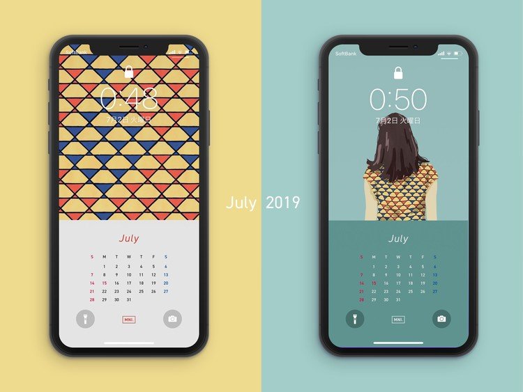 iPhone向けの待受カレンダー「2019年7月」です。画像サイズは【1242x2208】および【1242x2688(Xシリーズ向け)】で作成しております。（視覚効果OFF、画像全体を表示してフィットするよう作成）機種によって解像度が合わない等あれば対応致しますのでご連絡ください。※画像の無断転載・再配布は禁止しております。