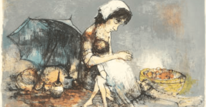 ジャン・ジャンセン】 版画 / リトグラフ「傘を持つ母子」 査定 買取