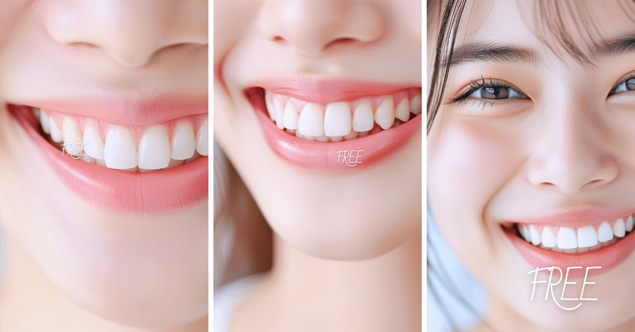 ホワイトニング・綺麗な白い歯」のフリー素材3枚セット｜矯正・女性モデル・歯並び・美容のイメージ画像に｜FREE｜FREE｜”美容・女性専門”素材サイト, image size:1280x670
