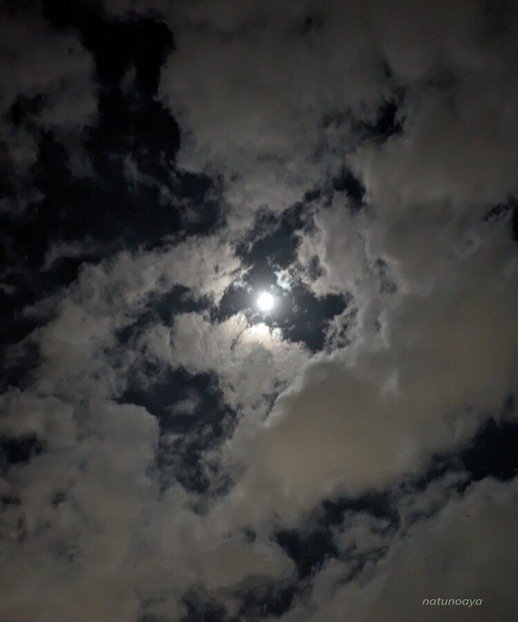 夜も更けた
、帰宅途中。
疲労も寒さも
一時忘れ、
空の美しさに足を止める。
静寂の中  
頭上を彩る
、雲と月の共演。
