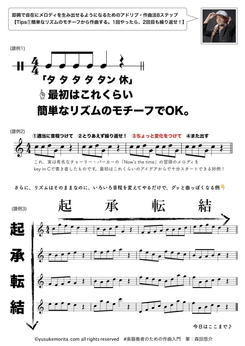 簡単なリズムのモチーフから作曲する １回やったら ２回目も繰り返せ Yusuke Morita 森田悠介 プロベーシスト Note