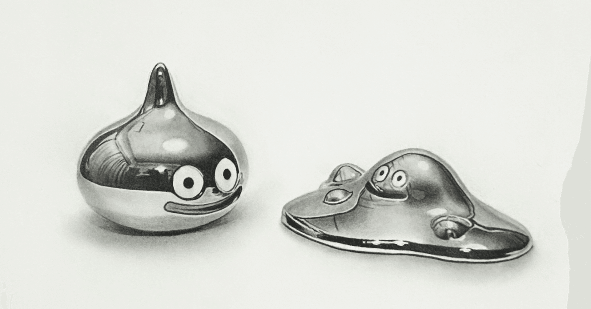 鉛筆で描いたメタルスライムとはぐれメタルです。｜ここまる