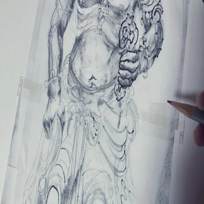 原画　不動明王　絵画　アクリル画　現代アート　細密画　手描き　一点物 不動明王の再デッサンとガラス絵｜齋藤悠紀