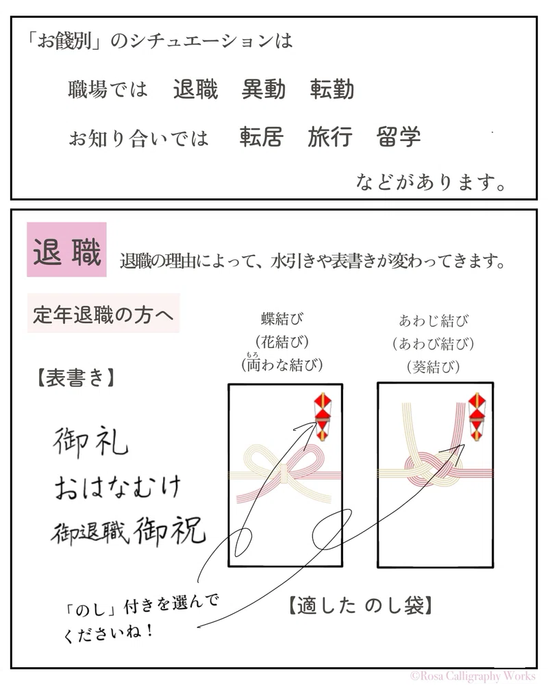 のし袋の書き方まとめ。お餞別編 その1は「退職」の場合。|みほ/Rosa Calligraphy Works