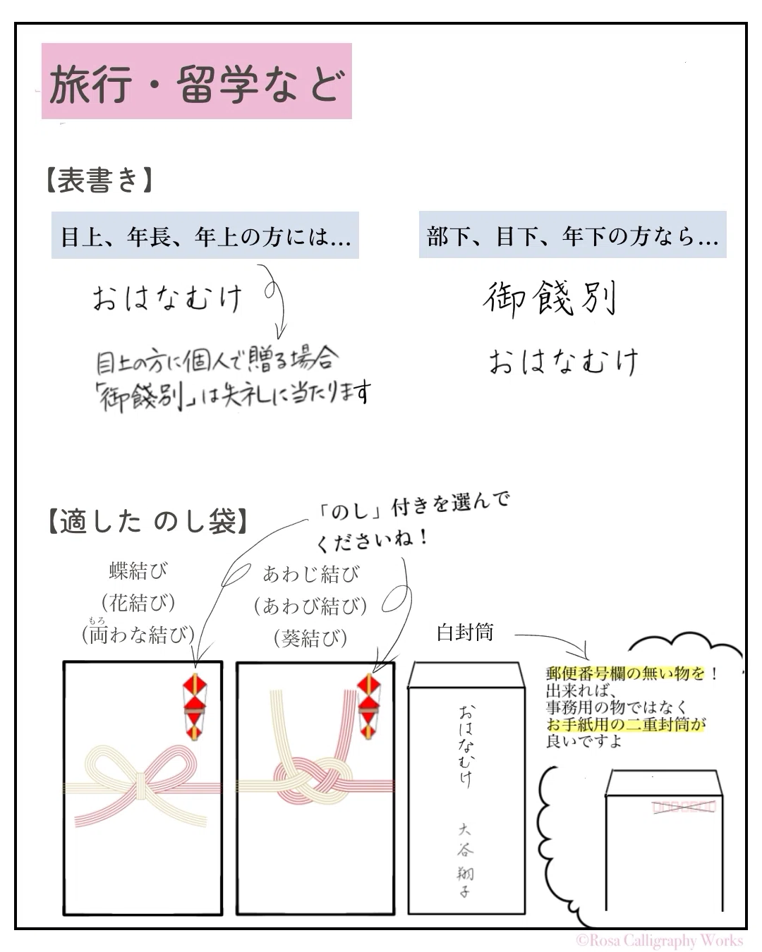 のし袋の書き方まとめ。お餞別編 その3は「旅行・留学など」の場合。|みほ/Rosa Calligraphy Works