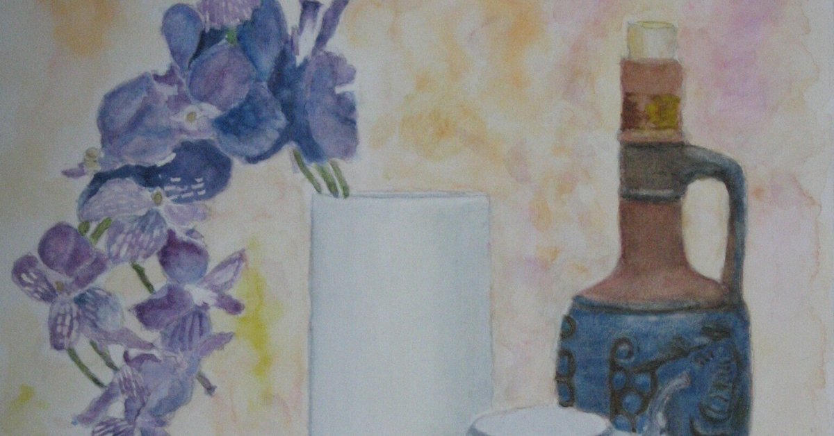 透明水彩画原画一点物デルフト焼きの花瓶と春の精② （絵画