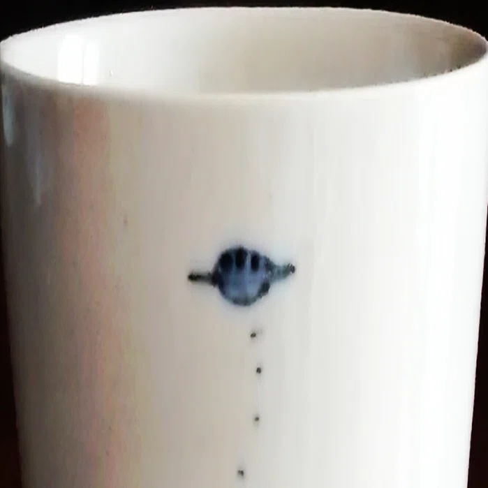 私の妻の家には青絵付けの食器が多い。その中で奇妙なUFOっぽい絵柄の