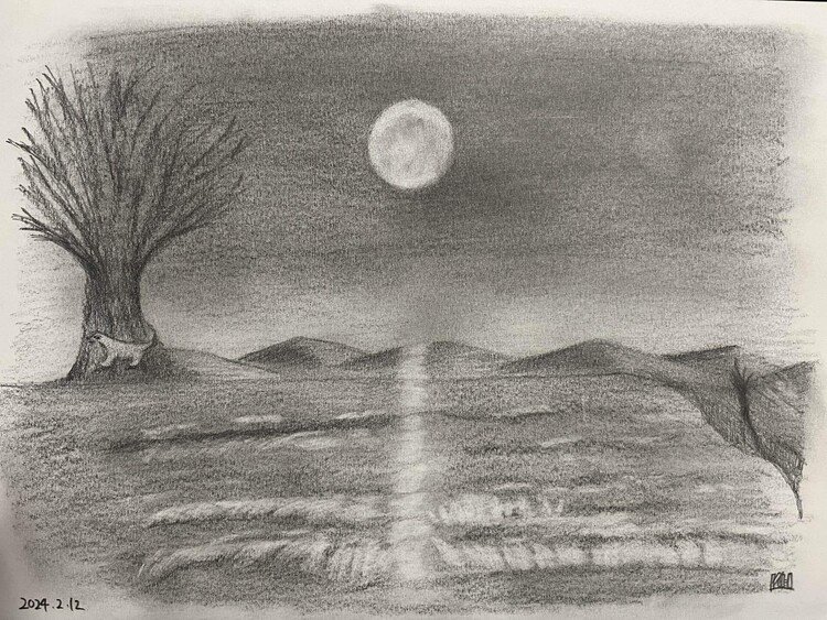 月と海を描いているうちに、木も描きたくなりました