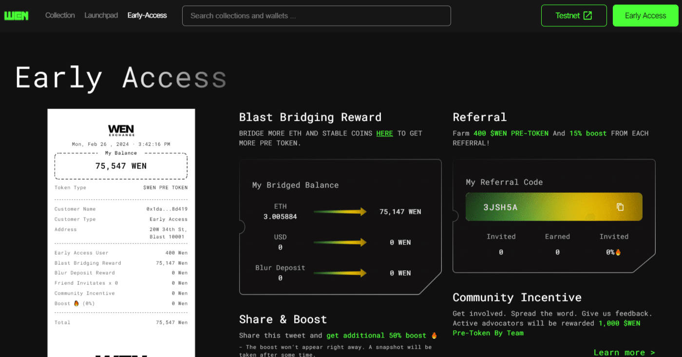 Blast関連】WenExchangeで確定エアドロ！Blast唯一のNFT取引所【参加コード付き】｜かず犬｜株FX・仮想通貨・NFTエアドロ