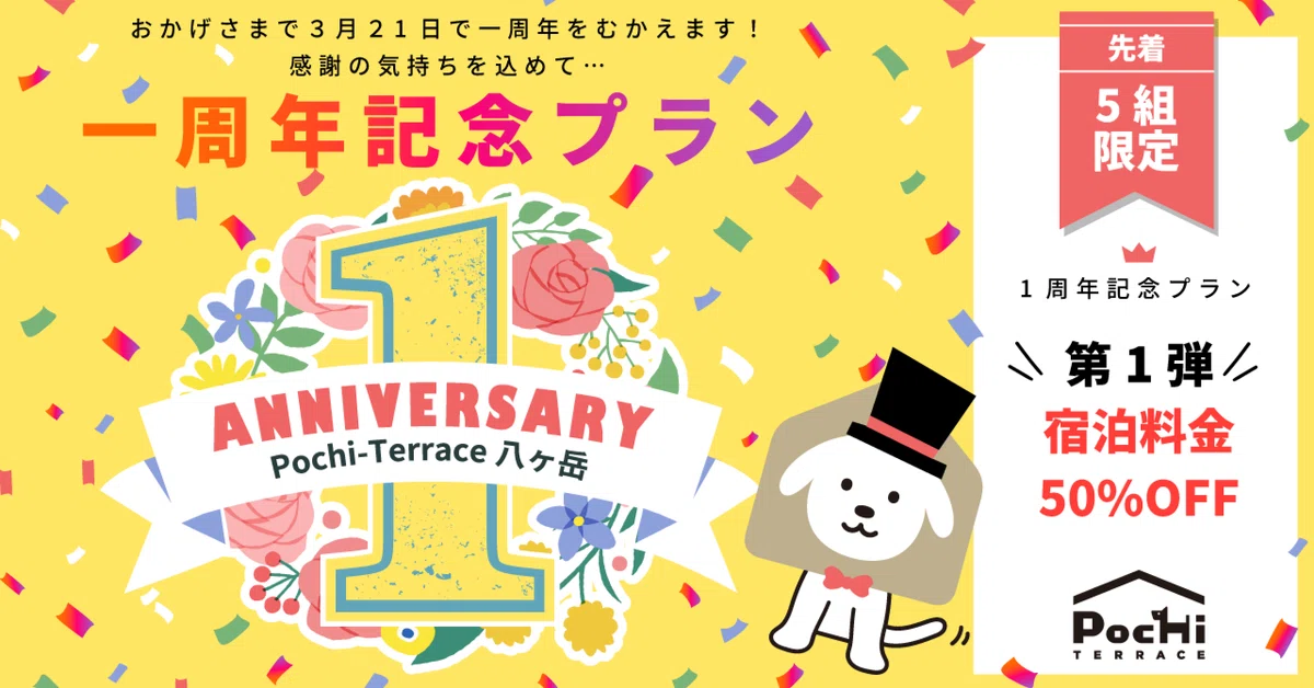 5組様限定】1周年記念プラン第1弾｜50%OFF?｜愛犬と泊まれるログ 