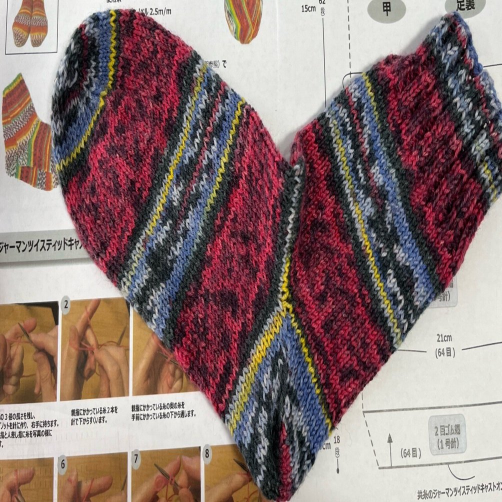 手編み靴下 つま先編めて 片方完成｜yumiパンダ