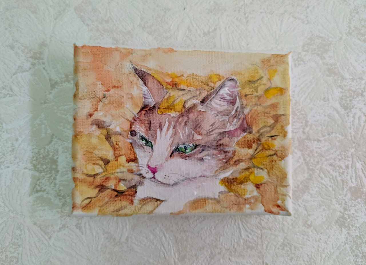 脱 ペタペタ 水彩画風薄塗りアクリル絵の具 落ち葉の中の猫 笑い猫 細村誠 Note