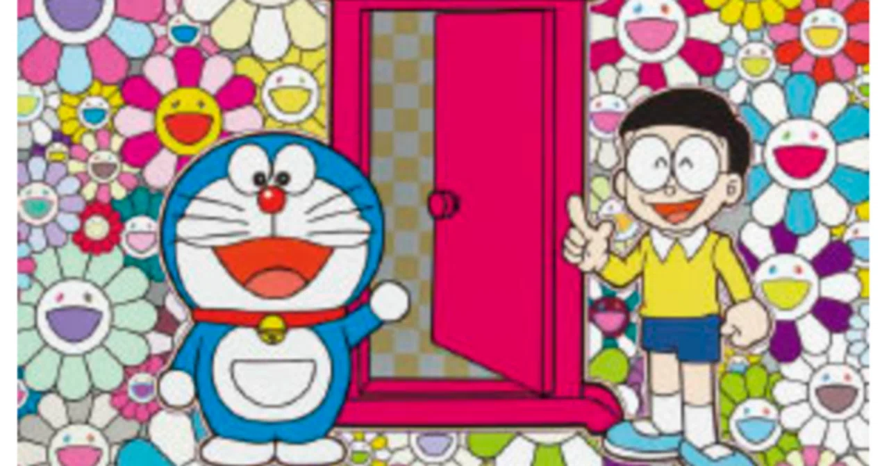 ドラえもん サイン入りお花畑の中の「どこでもドア」オフセット村上隆 村上隆「お花畑の中の「どこでもドア」」オフセット・リトグラフ