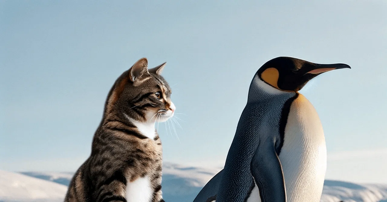 DALL·E ペンギンの真似をする猫｜ねこ鉄道（jae02546）