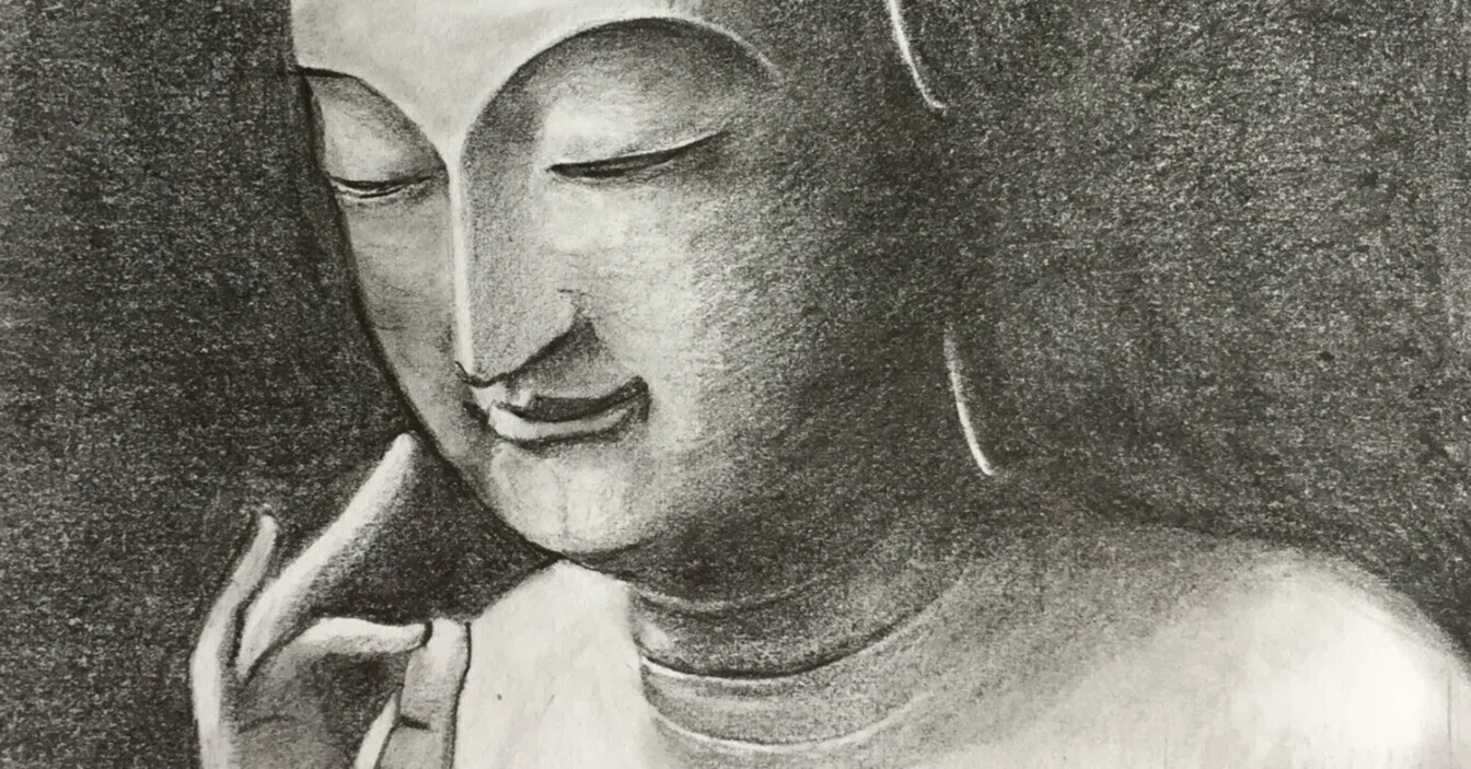 1982年 木版画 仏像 モノクロ 写仏部作品No.3『広隆寺弥勒菩薩』｜popo