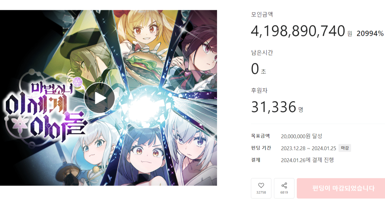 魔法少女異世界アイドル」のwebtoonがtumblbugで書籍化のために日本円