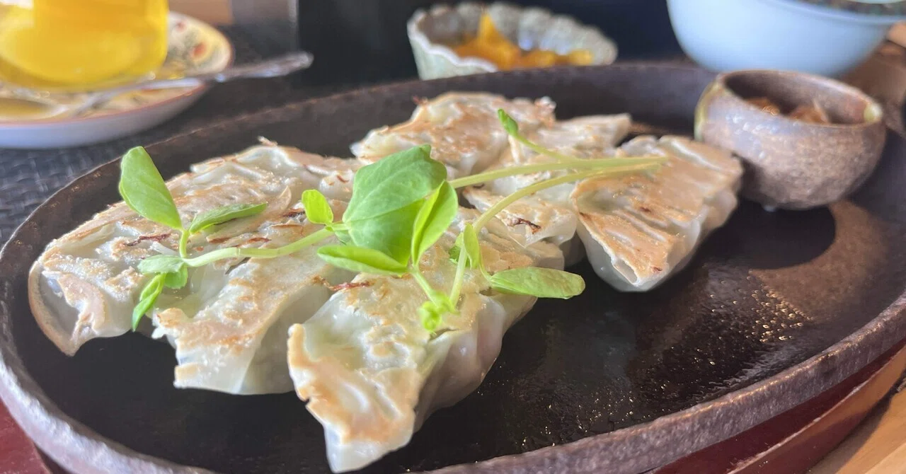 滝を眺められる古民家カフェで野草餃子をいただきます。────野草庵
