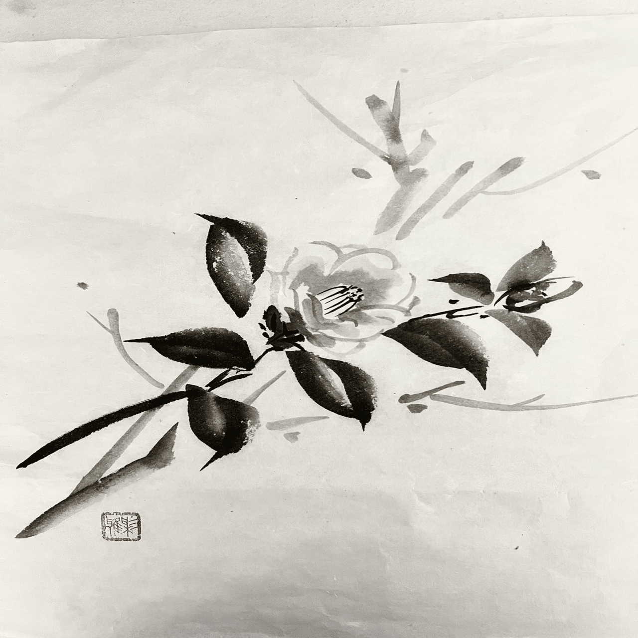 椿凛流図　方丈記　墨彩画　額装済み 木版画のことなら『木版画 版元 芸艸堂 Woodblock print』