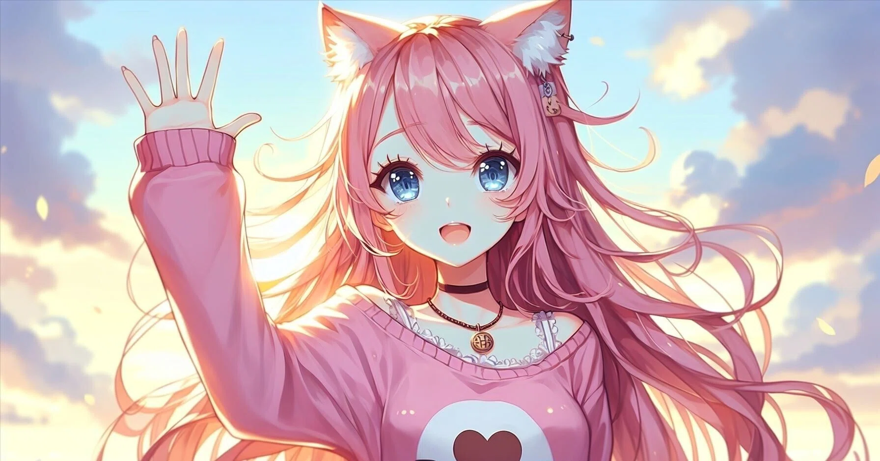 手を上げているピンク髪の猫耳ちゃん｜kazunari_フォロバ100%
