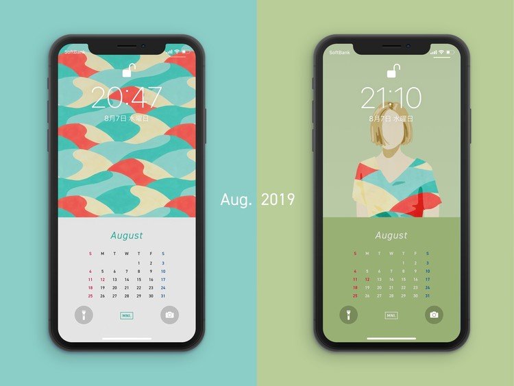 iPhone向けの待受カレンダー「2019年8月」です。画像サイズは【1242x2208】および【1242x2688(Xシリーズ向け)】で作成しております。（視覚効果OFF、画像全体を表示してフィットするよう作成）機種によって解像度が合わない等あれば対応致しますのでご連絡ください。※画像の無断転載・再配布は禁止しております。