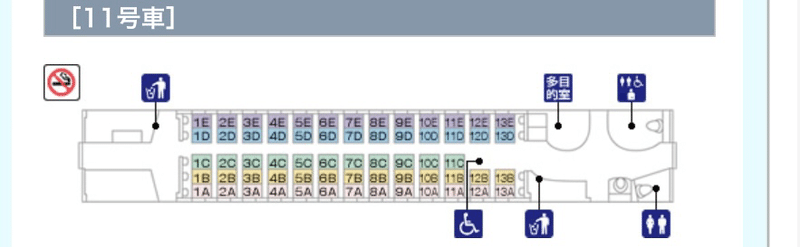 N700系・N700A 11号車の車内設備の図。11号車には車椅子用スペースと多目的トイレ、多目的室がある。