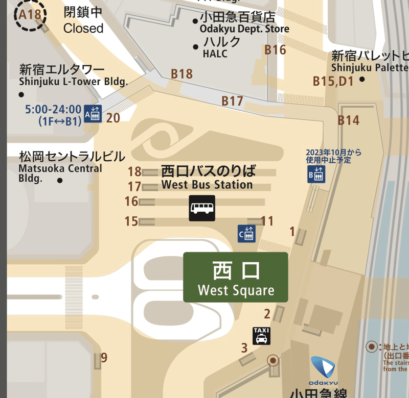 新宿駅西口の地図。西口バス乗り場南側にCエレベーターがある