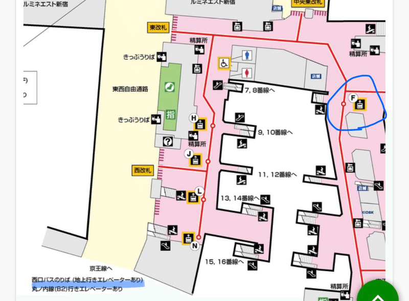 JR新宿駅地下一階の地図。東京方面の中央線のホームは7,8番線。エレベーターはF