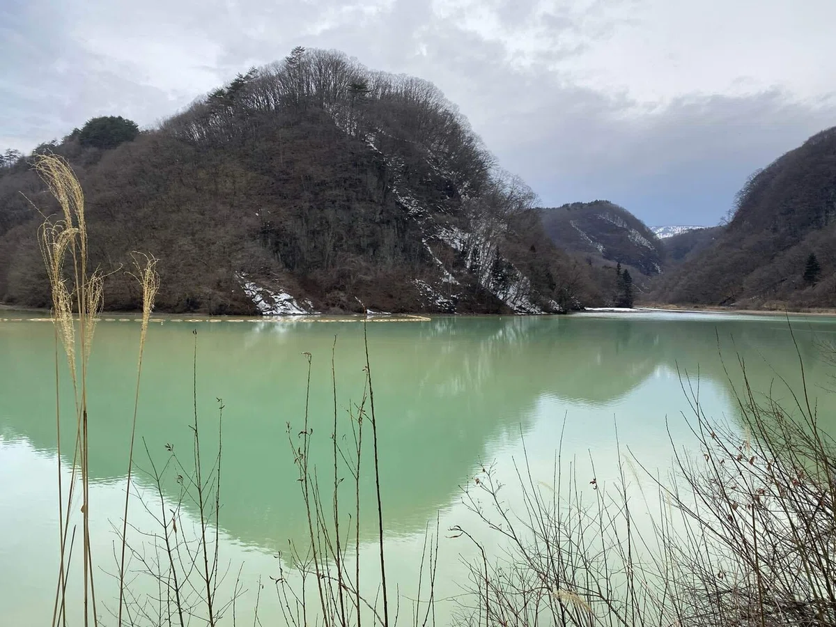 エメラルドの湖面に山が映っている写真