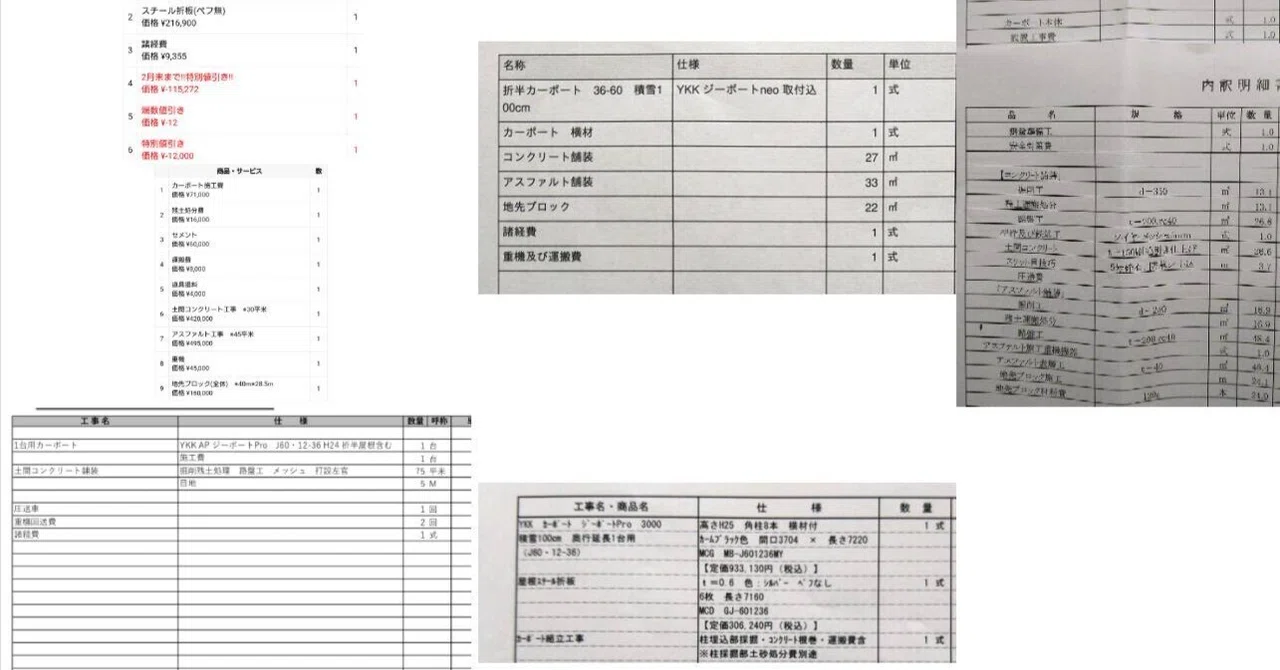 あき　宇宙　5点　お見積もり カーポートの中の沼にハマっていくお話⑤見積書の比較｜スパボー