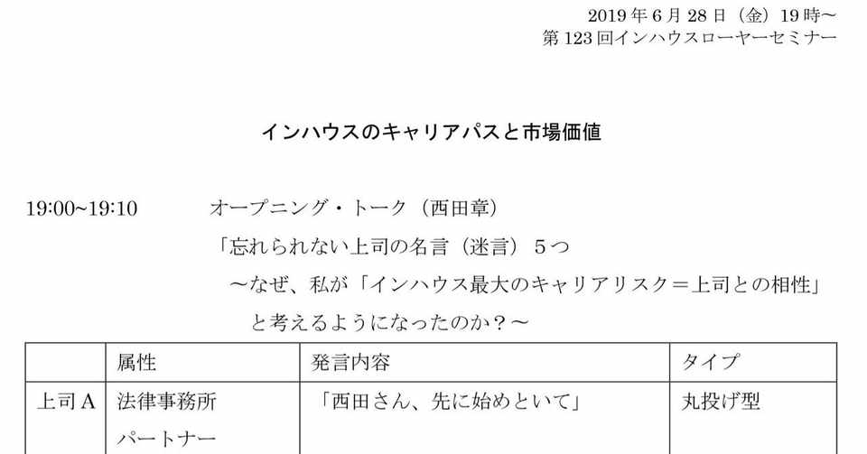 19年6月28日 日本組織内弁護士協会 Jila 第123回インハウスローヤーセミナー 社内弁護士のキャリアパスと市場価値 西田 章