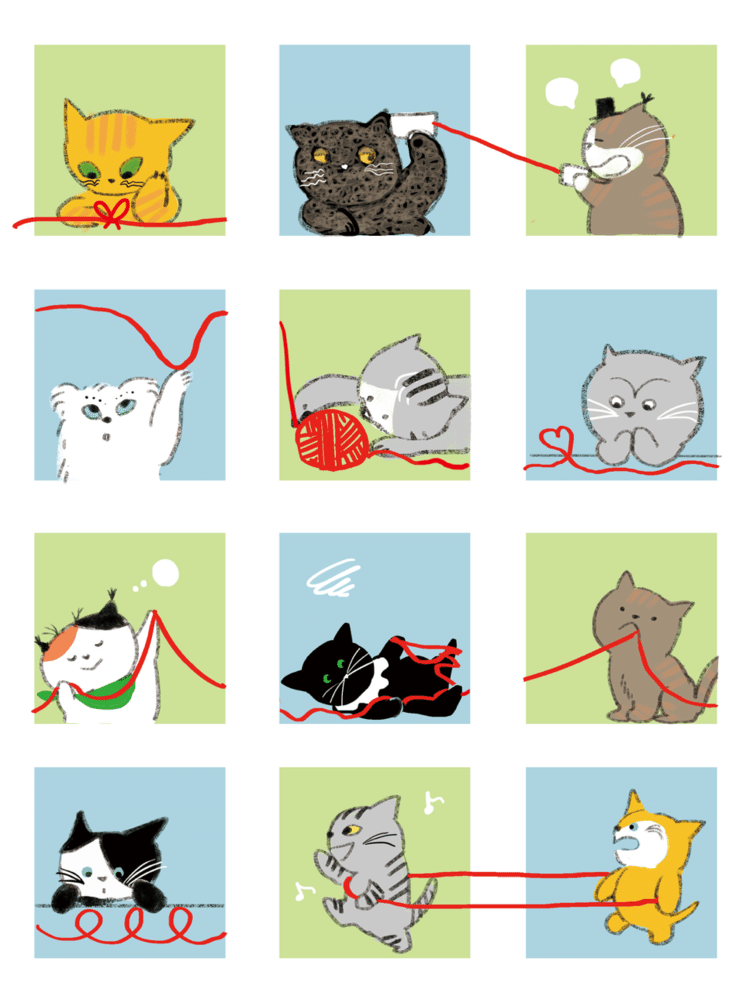 ‪8/10日発売の猫びより九月号から、今年も一年ラッキーキャット占いコーナーのイラスト担当させていただきます。今回は赤い糸で結ばれたネコさん達。【辰巳出版】‬