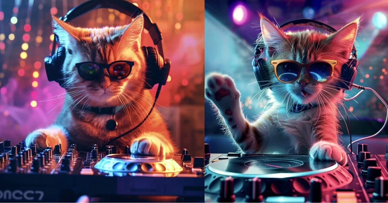 Midjourney /サングラスとヘッドホンを着けて【DJをする可愛い猫】を作る為のプロンプト(呪文)|TOMOYA