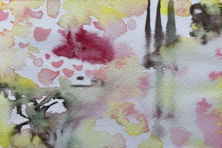 描こうと思ったら、偶然にいきものがかりの『SAKURA』が聴こえてきました。それに合わせて、色をつくり、筆を運び、紙に色をのせました。今日、令和5年度が終わります。答えが見つからない思いも、桜といっしょに舞い散らせ、明日から気持ち新たに生きていこうと思います。『さくら ひらひら 舞い降りて。』