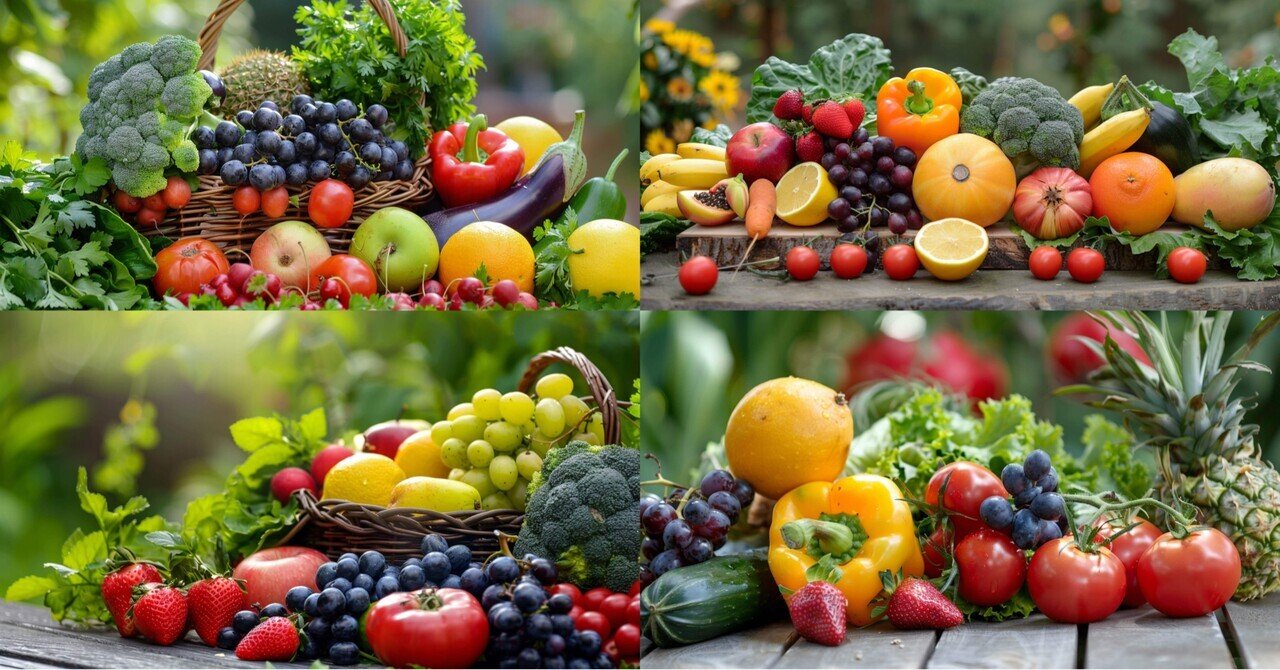 油絵　果物と野菜の盛り合わせ Midjourney /リアルな【新鮮な果物と野菜の盛り合わせ写真】を