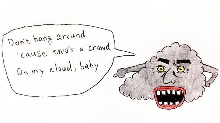 “Get Off My Cloud”って文字通り天気の話かと思ったら、「思考の邪魔するな」的な比喩表現だったっぽいですね。勘違いしたまま雲のイラストを描いてしまう私。