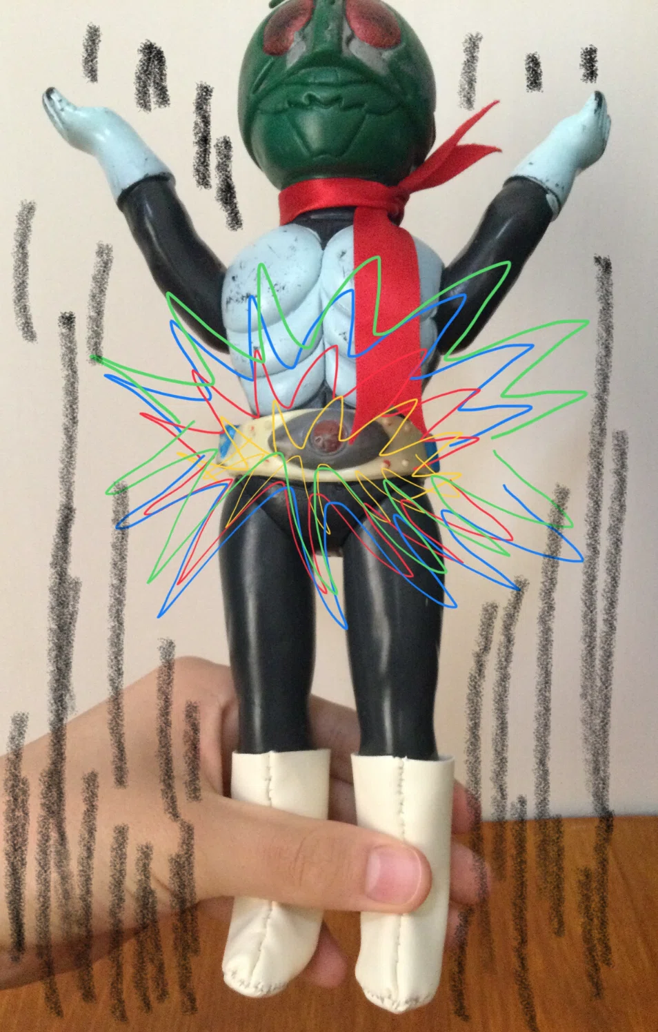 旧バンダイ 仮面ライダー 面付き ベルト ブーツ マフラー無し 旧バンダイのライダー修理と購入時の思い出｜自由なダム・ガン