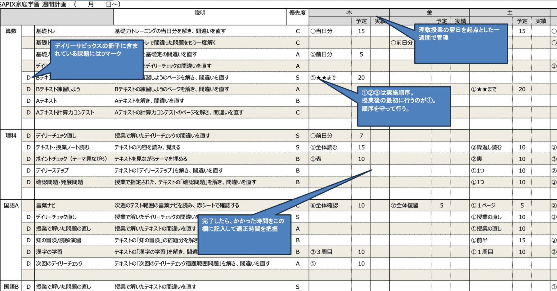 ツール配布】SAPIX4年生 家庭学習 進捗管理シート｜キニモン