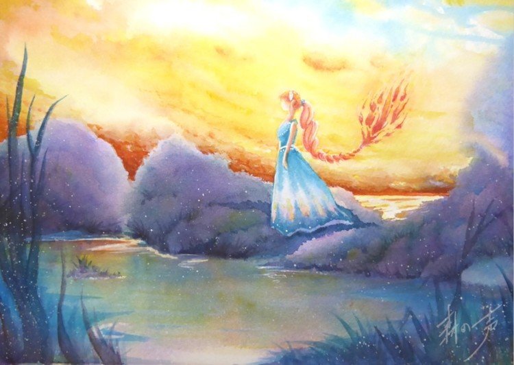 癒しの水彩画1093 キャンドル（ゴールドフレーム付き）