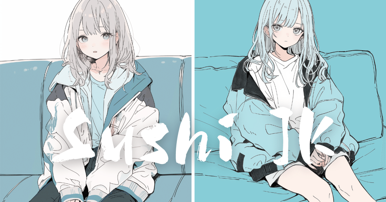 CFNM　二次元　画像 イラスト】「ブルー＆グリーン女子」フリー素材2枚セット｜女性・ファッション・挿絵・アイキャッチ・イメージ画像に｜寿司娘の日常『1話でグッとくる物語』