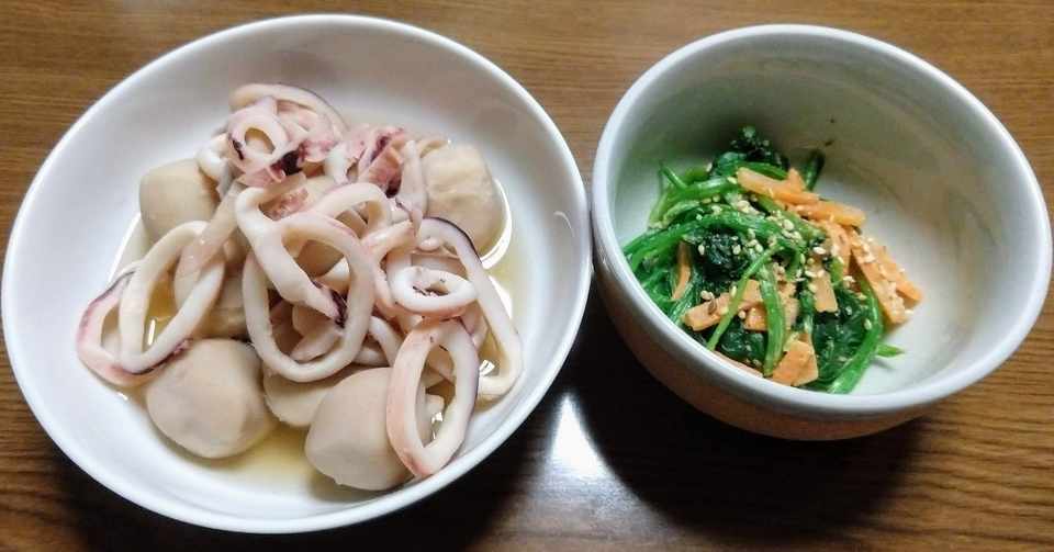 いかと里芋の煮物 ほうれん草の胡麻和え ハラダコオジ Koji Harada Note