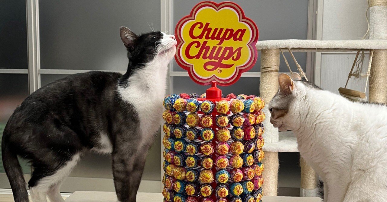 チュッパチャプスを200本セットした迫力満点のタワー、猫ちゃんと比べ