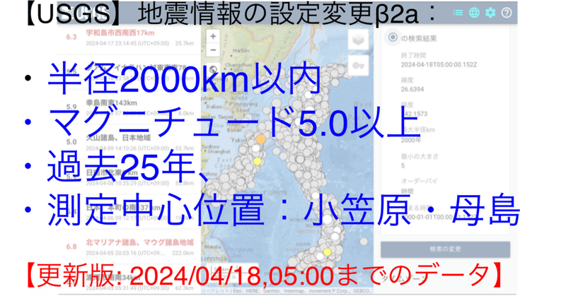 【USGS】地震情報の設定変更β2a：半径2000km以内・マグニチュード5.0以上・過去25年、測定中心位置：小笠原・母島 【更新版: 2024/04/18,05:00までのデータ】