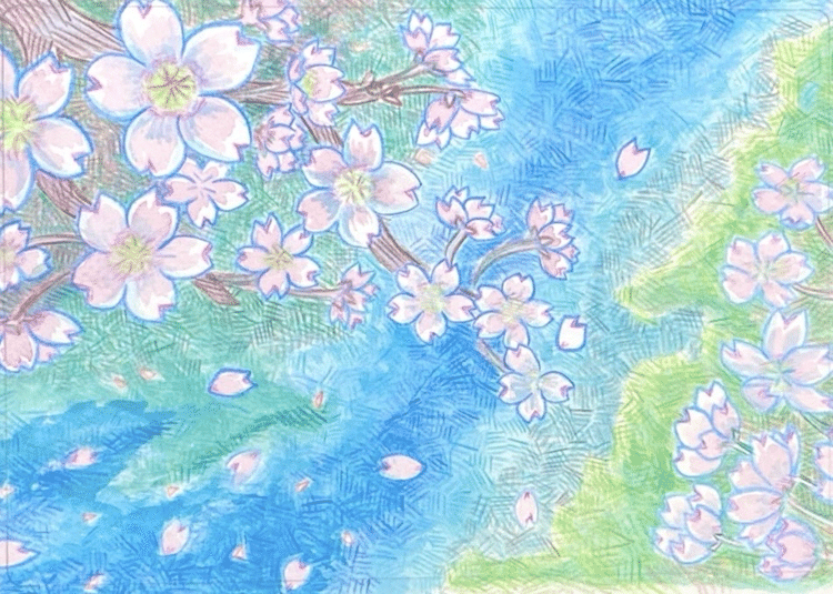ウォーターフォード水彩紙細目、油性色鉛筆、透明水彩/桜、桃色、桜色、ピンク、青、ブルー