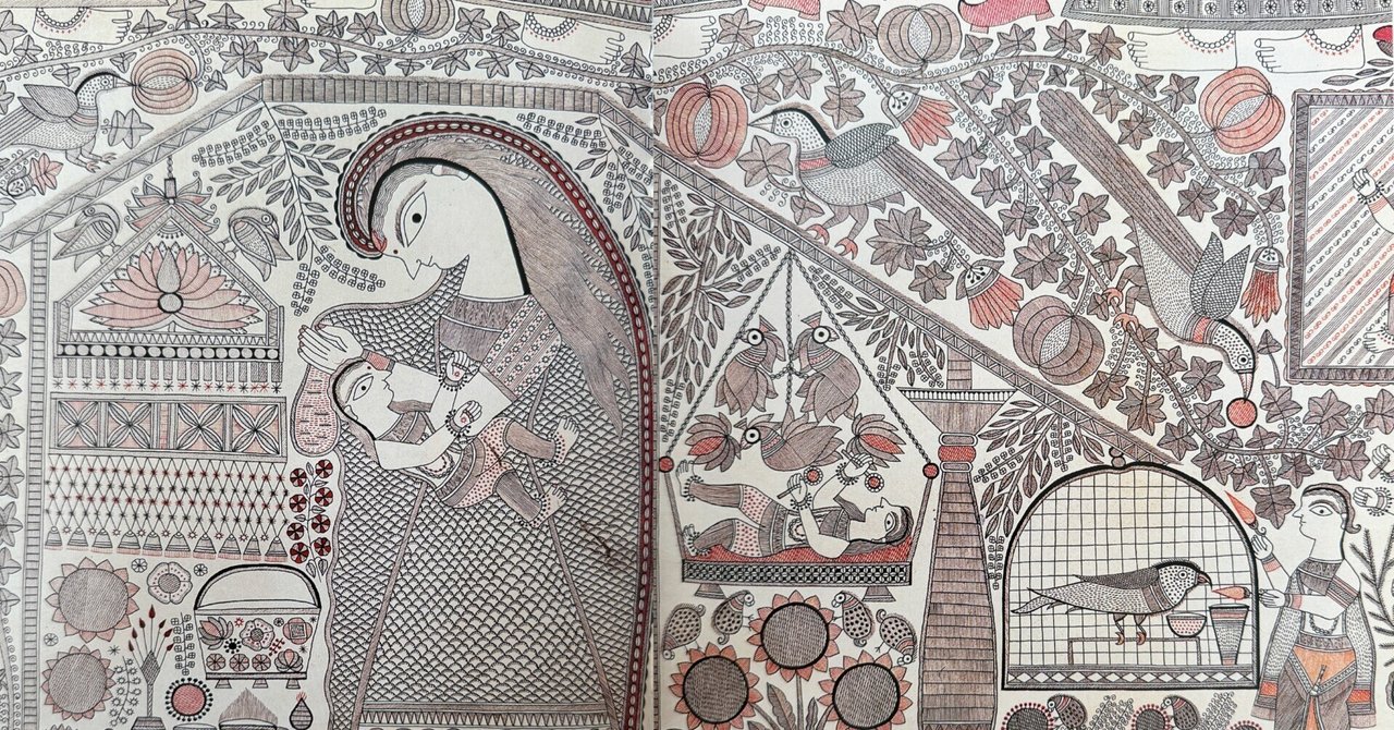 値下げインド民俗絵画ミティーラ画 生命の木とライオン Satta